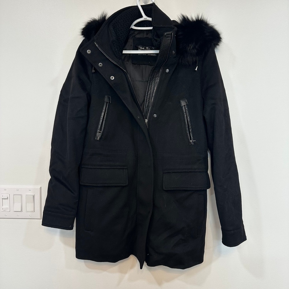 Heresis Womens Jacket 44 100% Wool Hood Faux Fur Outerwear Zip Button Italy